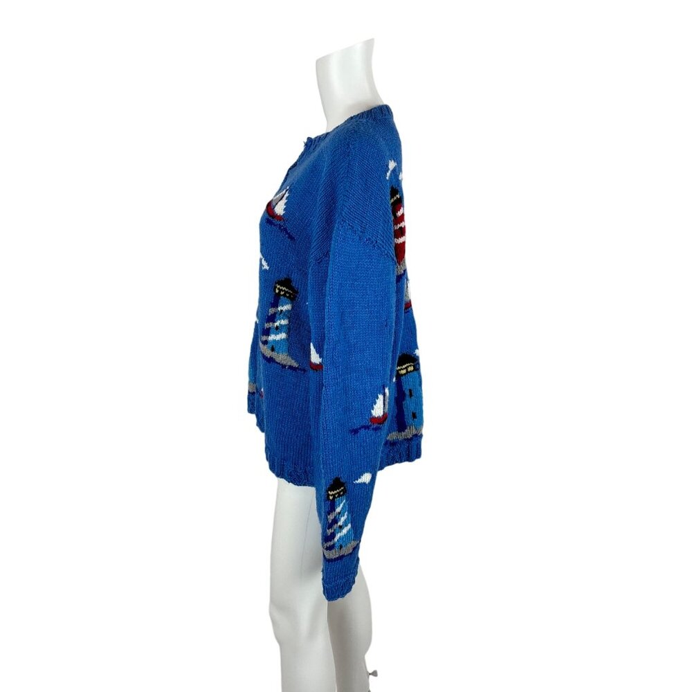 Vintage Lighthouse Cardigan Women's 2X Blue Novelty Nautical Sailboats Handmade - Picture 6 of 12